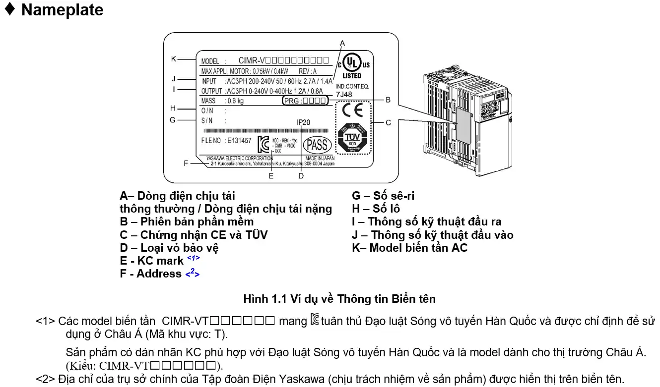 Tài liệu hướng dẫn Biến tần Yaskawa V1000 7 V1000 Nameplate